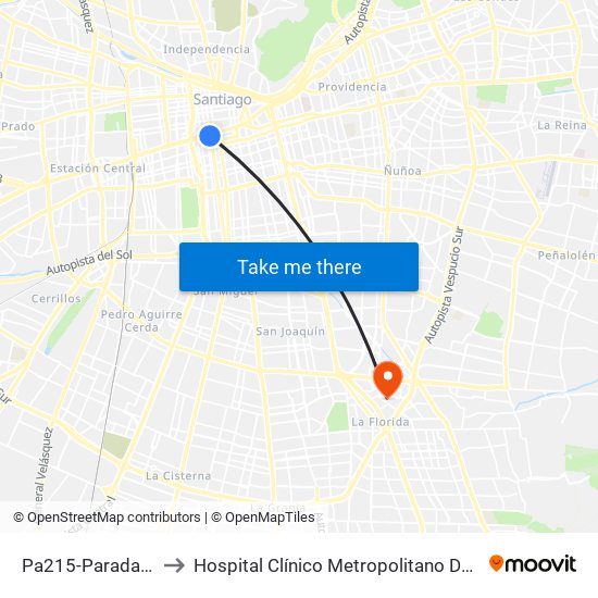 Pa215-Parada 5 / (M) La Moneda to Hospital Clínico Metropolitano De La Florida Doctora Eloísa Díaz Insunza map