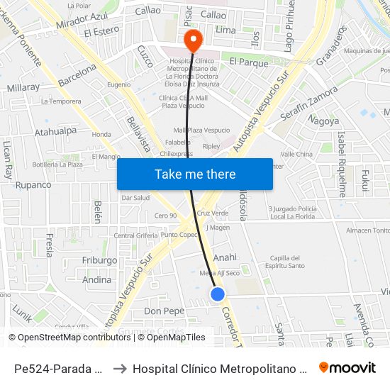 Pe524-Parada 3 / (M) Vicente Valdés to Hospital Clínico Metropolitano De La Florida Doctora Eloísa Díaz Insunza map