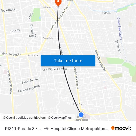 Pf311-Parada 3 / (M) Hospital Sótero Del Río to Hospital Clínico Metropolitano De La Florida Doctora Eloísa Díaz Insunza map