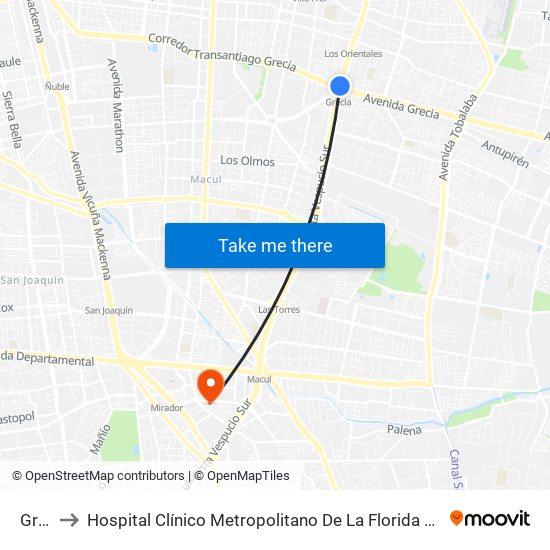 Grecia to Hospital Clínico Metropolitano De La Florida Doctora Eloísa Díaz Insunza map