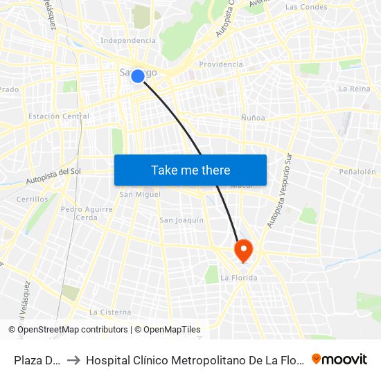 Plaza De Armas to Hospital Clínico Metropolitano De La Florida Doctora Eloísa Díaz Insunza map