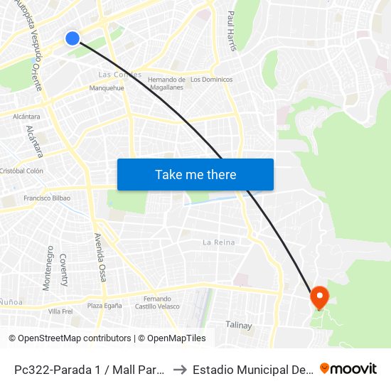 Pc322-Parada 1 / Mall Parque Arauco to Estadio Municipal De La Reina map