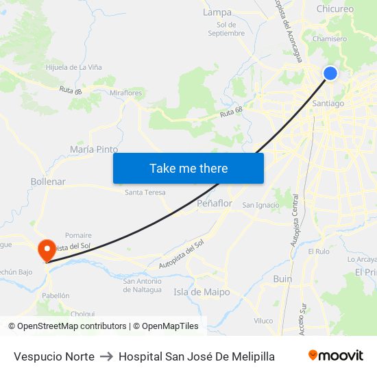 Vespucio Norte to Hospital San José De Melipilla map