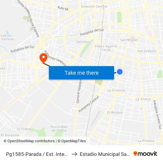 Pg1585-Parada / Est. Intermodal Lo Ovalle to Estadio Municipal Santiago Bueras map