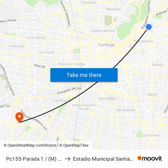 Pc155-Parada 1 / (M) Tobalaba to Estadio Municipal Santiago Bueras map
