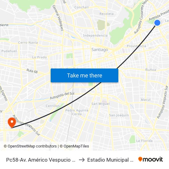 Pc58-Av. Américo Vespucio / Esq. Av. Pdte. Riesco to Estadio Municipal Santiago Bueras map