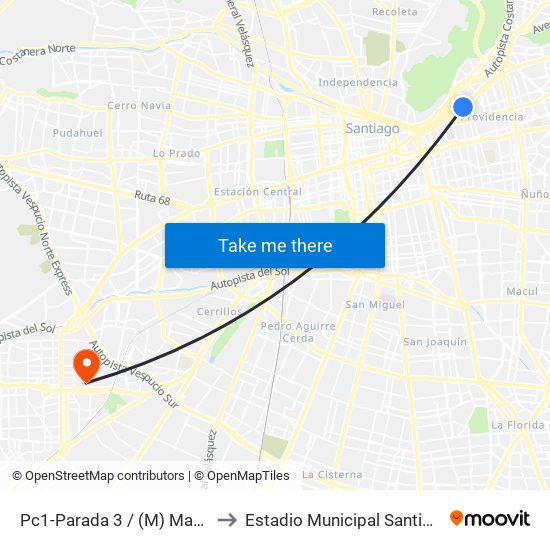 Pc1-Parada 3 / (M) Manuel Montt to Estadio Municipal Santiago Bueras map