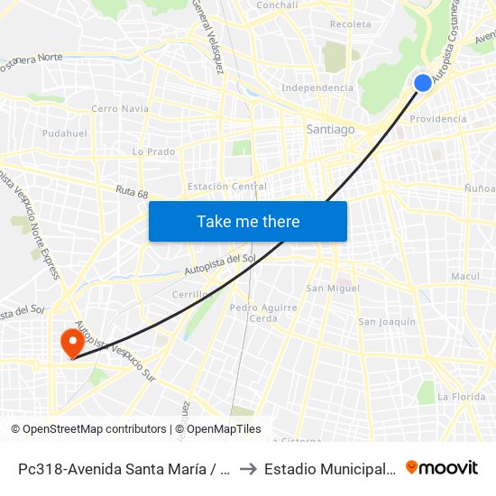 Pc318-Avenida Santa María / Esq. Av. Pedro De Valdivia to Estadio Municipal Santiago Bueras map