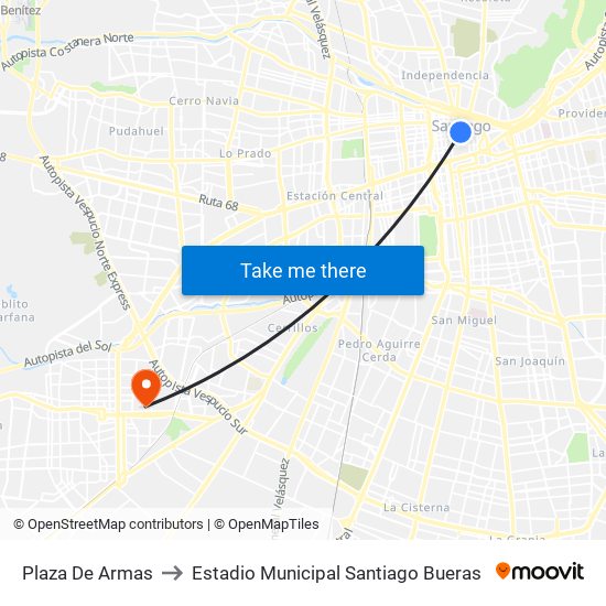 Plaza De Armas to Estadio Municipal Santiago Bueras map