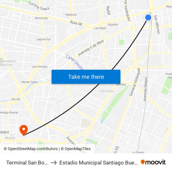 Terminal San Borja to Estadio Municipal Santiago Bueras map