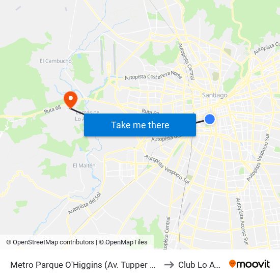 Metro Parque O'Higgins (Av. Tupper Esq. Av. Viel) to Club Lo Aguirre map