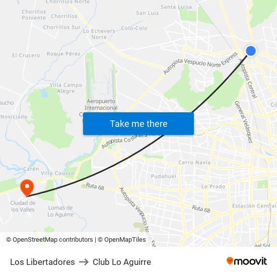 Los Libertadores to Club Lo Aguirre map