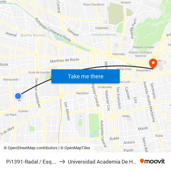 Pi1391-Radal / Esq. Buzo Sobenes to Universidad Academia De Humanismo Cristiano map