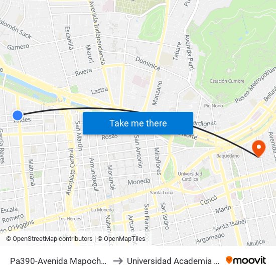 Pa390-Avenida Mapocho / Esq. Ricardo Cumming to Universidad Academia De Humanismo Cristiano map