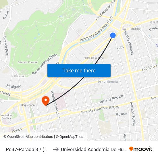 Pc37-Parada 8 / (M) Los Leones to Universidad Academia De Humanismo Cristiano map