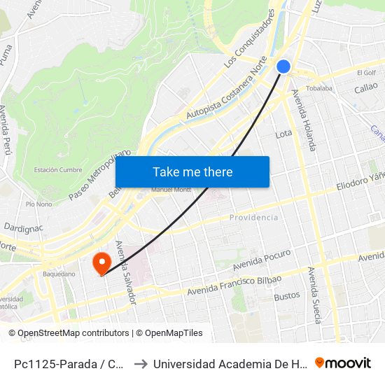 Pc1125-Parada / Costanera Center to Universidad Academia De Humanismo Cristiano map