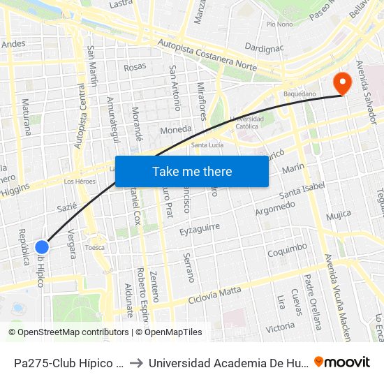 Pa275-Club Hípico / Esq. Toesca to Universidad Academia De Humanismo Cristiano map