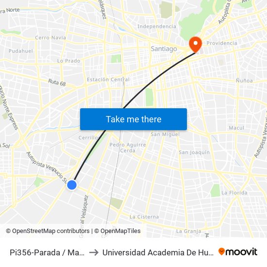 Pi356-Parada / Mall Plaza Oeste to Universidad Academia De Humanismo Cristiano map