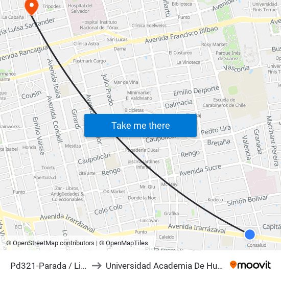 Pd321-Parada / Liceo 7 Ñuñoa to Universidad Academia De Humanismo Cristiano map