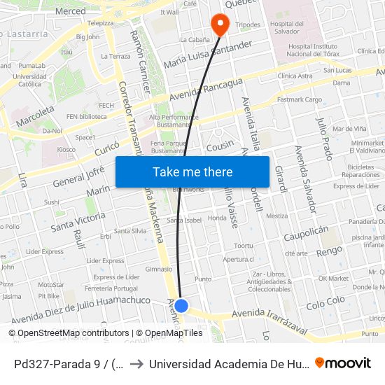 Pd327-Parada 9 / (M) Irarrázaval to Universidad Academia De Humanismo Cristiano map