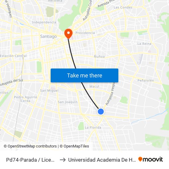 Pd74-Parada / Liceo Camilo Ortúzar to Universidad Academia De Humanismo Cristiano map