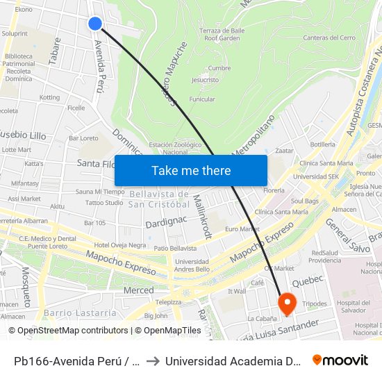 Pb166-Avenida Perú / Esq. Santos Dumont to Universidad Academia De Humanismo Cristiano map