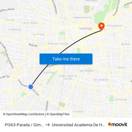 Pi363-Parada / Gimnasio Cerrillos to Universidad Academia De Humanismo Cristiano map