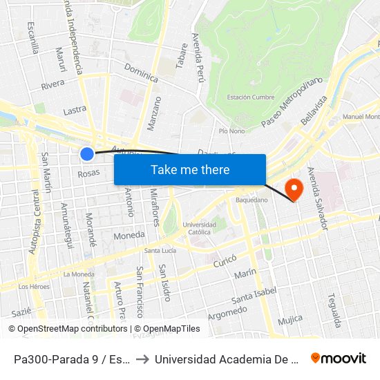 Pa300-Parada 9 / Estación Mapocho to Universidad Academia De Humanismo Cristiano map