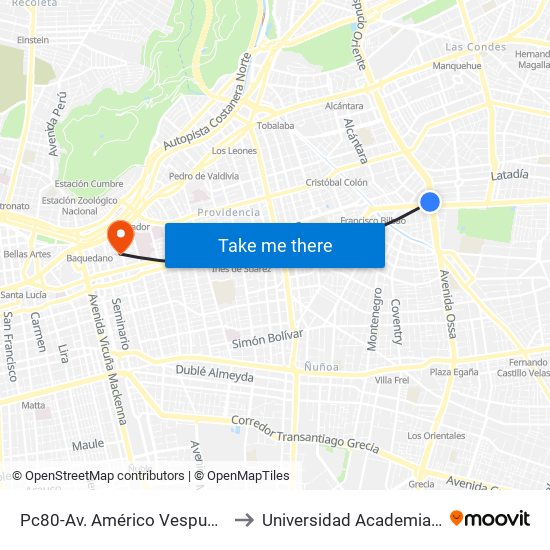 Pc80-Av. Américo Vespucio / Esq. Av. Francisco Bilbao to Universidad Academia De Humanismo Cristiano map