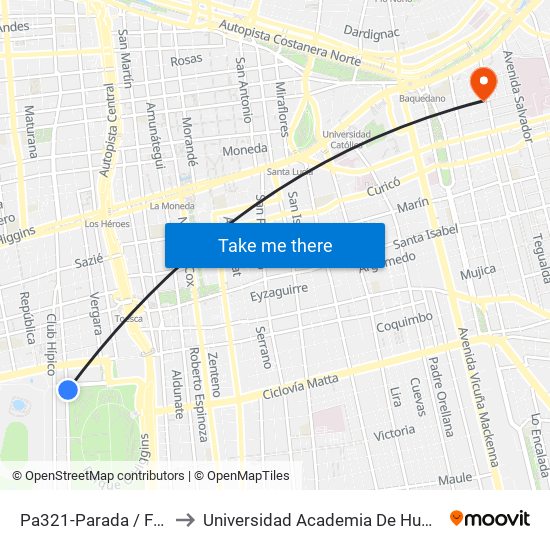 Pa321-Parada / Fantasilandia to Universidad Academia De Humanismo Cristiano map