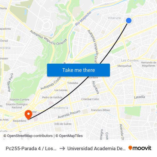 Pc255-Parada 4 / Los Cobres De Vitacura to Universidad Academia De Humanismo Cristiano map