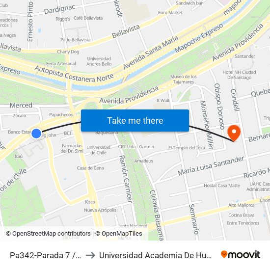 Pa342-Parada 7 / Plaza Italia to Universidad Academia De Humanismo Cristiano map