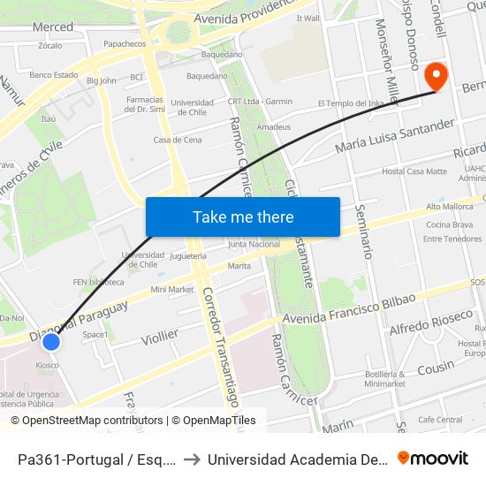 Pa361-Portugal / Esq. Diagonal Paraguay to Universidad Academia De Humanismo Cristiano map