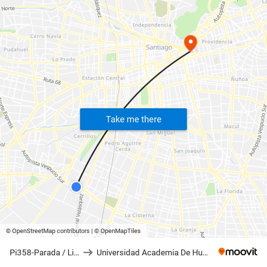 Pi358-Parada / Lider - Oeste to Universidad Academia De Humanismo Cristiano map