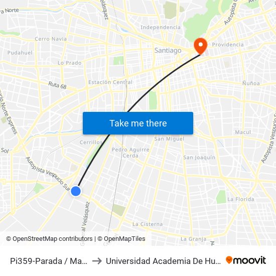 Pi359-Parada / Mall Plaza Oeste to Universidad Academia De Humanismo Cristiano map