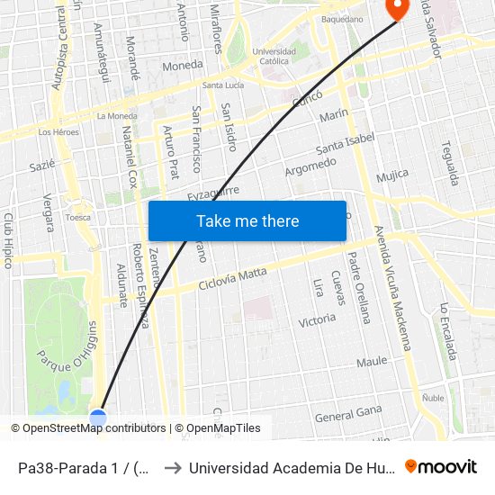 Pa38-Parada 1 / (M) Rondizzoni to Universidad Academia De Humanismo Cristiano map