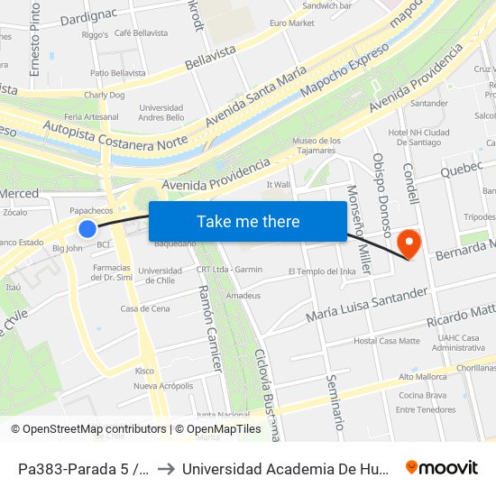 Pa383-Parada 5 / Plaza Italia to Universidad Academia De Humanismo Cristiano map