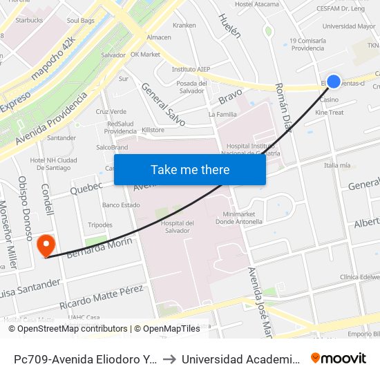 Pc709-Avenida Eliodoro Yáñez / Esq. Av. J. Miguel Claro to Universidad Academia De Humanismo Cristiano map