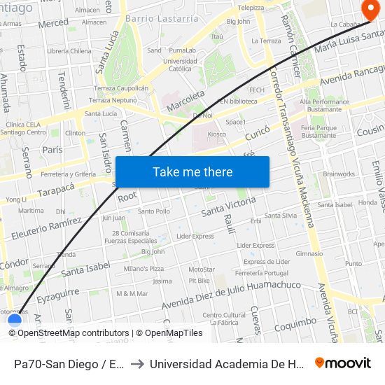 Pa70-San Diego / Esq. Eyzaguirre to Universidad Academia De Humanismo Cristiano map