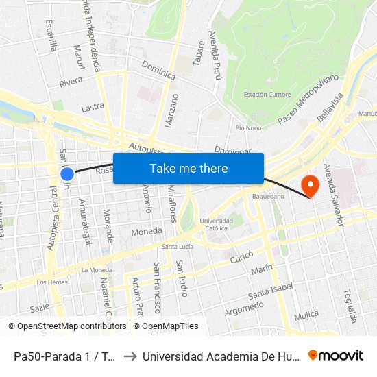 Pa50-Parada 1 / Teatro Teletón to Universidad Academia De Humanismo Cristiano map