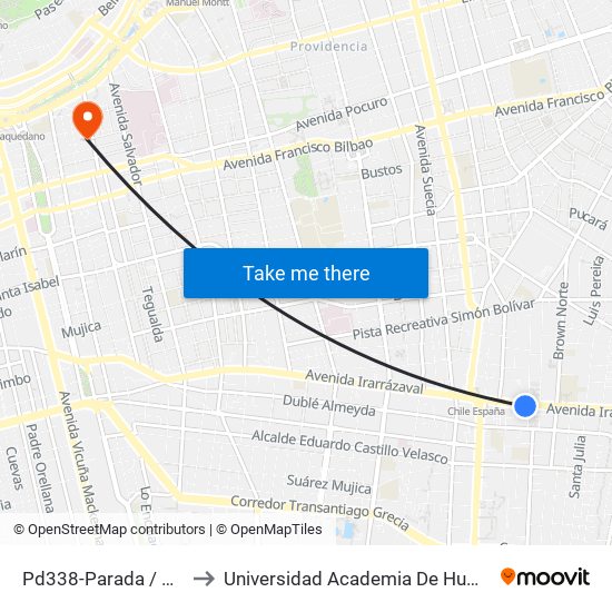 Pd338-Parada / Plaza Ñuñoa to Universidad Academia De Humanismo Cristiano map