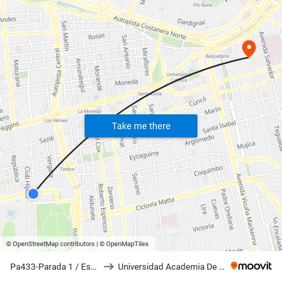 Pa433-Parada 1 / Escuela De Ingeniería to Universidad Academia De Humanismo Cristiano map