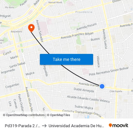 Pd319-Parada 2 / (M) Ñuñoa to Universidad Academia De Humanismo Cristiano map