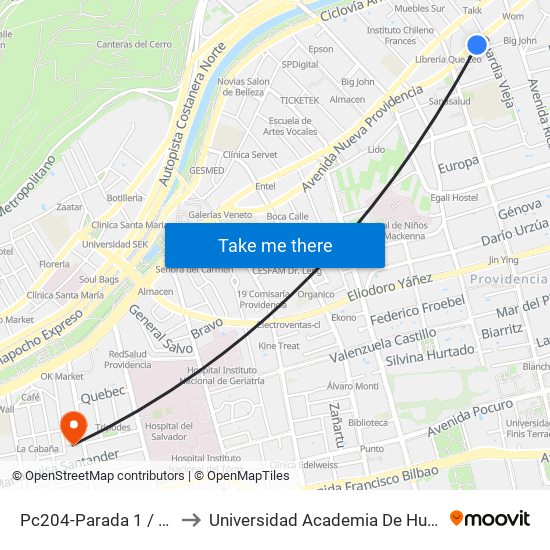 Pc204-Parada 1 / Guardia Vieja to Universidad Academia De Humanismo Cristiano map