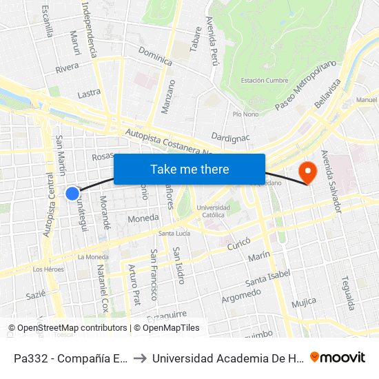 Pa332 - Compañía Esq. Amunátegui to Universidad Academia De Humanismo Cristiano map