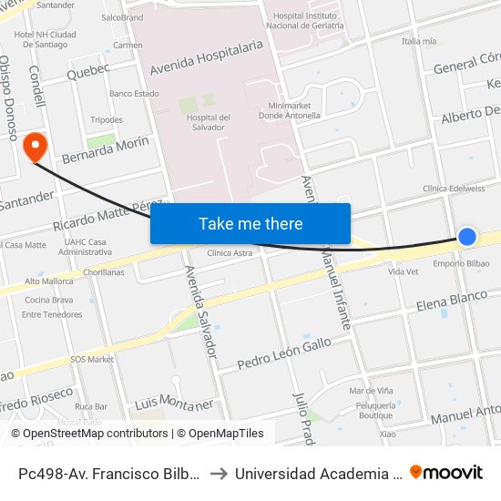 Pc498-Av. Francisco Bilbao / Esq. Av. J. Miguel Claro to Universidad Academia De Humanismo Cristiano map