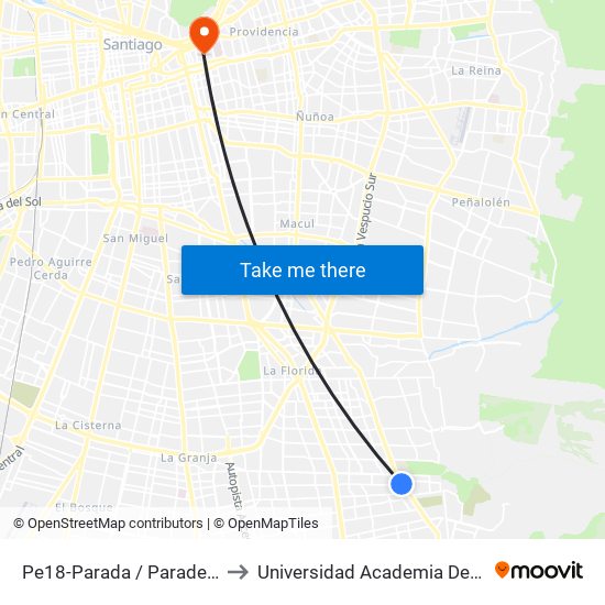 Pe18-Parada / Paradero 22 Av. La Florida to Universidad Academia De Humanismo Cristiano map