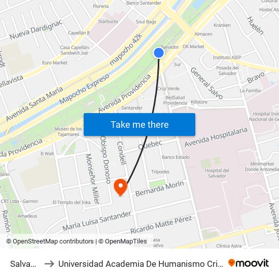 Salvador to Universidad Academia De Humanismo Cristiano map