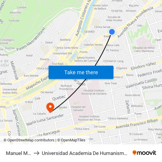 Manuel Montt to Universidad Academia De Humanismo Cristiano map