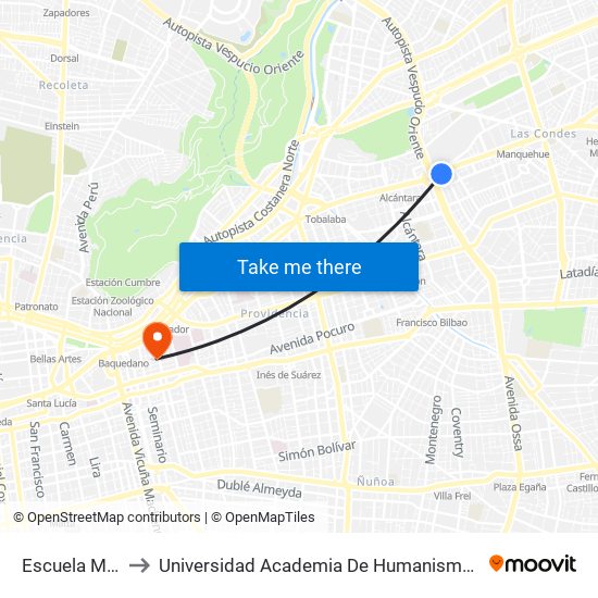 Escuela Militar to Universidad Academia De Humanismo Cristiano map